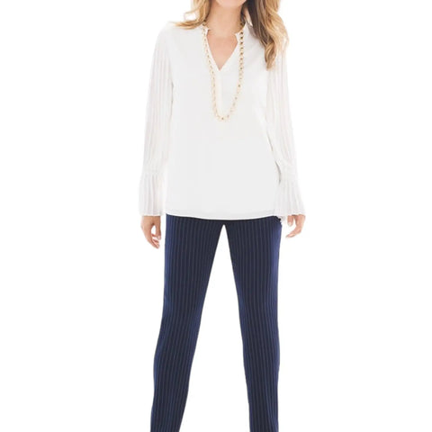 Navy blue pinstripe mid-rise ankle trousers by Chico's with slim tapered legs and zip-front closure 32x27
