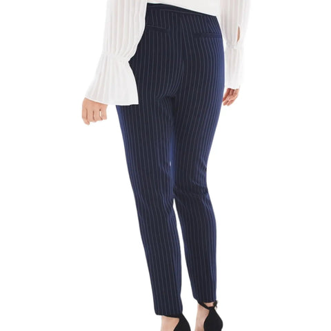 Navy blue pinstripe mid-rise ankle trousers by Chico's with slim tapered legs and zip-front closure back view