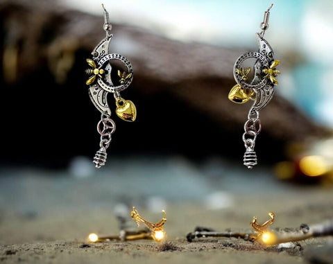 Mix metal steampunk earrings with silver and gold heart, bee, and gear charms – industrial dangle earrings for punk and whimsygoth style