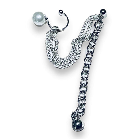 Dazzling Silver Chains and Pearl Ear Cuff Post Earring- Wild Time Fashion