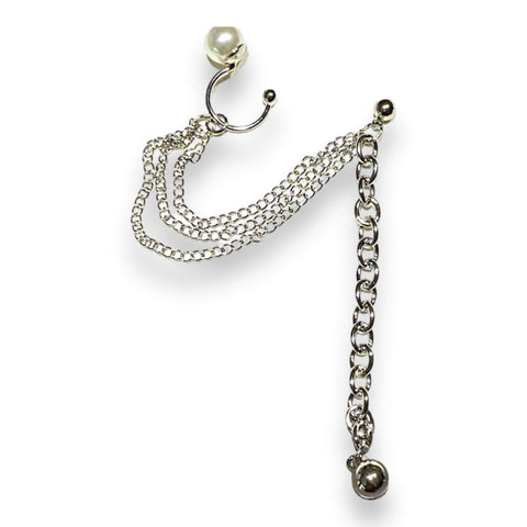 Dazzling Silver Chains and Pearl Ear Cuff Post Earring - Wild Time Fashion