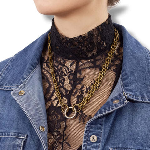 Multi link skeleton key necklace double rolo ladder chain removable vintage keys and central silver ring bronze