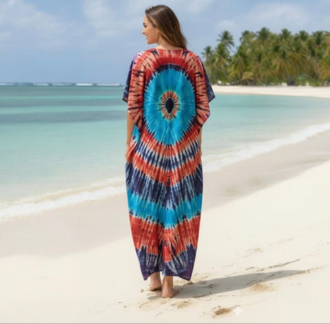 model wearing colorful boho tie dye long kaftan dress beach cover up back view