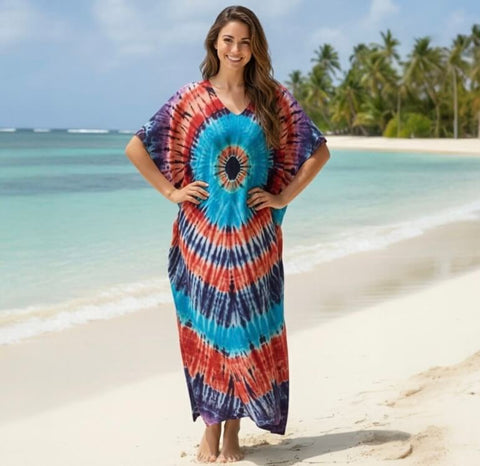 model wearing colorful boho tie dye long kaftan dress beach cover up