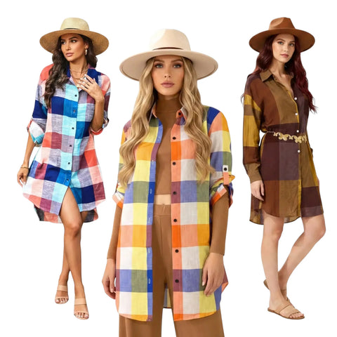 Multicolor Checks Long Sleeve Button Up Shirt Dress - Women’s Shirts Lg/XL/1XL