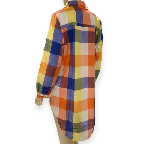 Back view of Multicolor Checks Long Sleeve Button Up Shirt Dress/ women's / yellow/blue