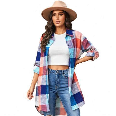 Multicolor Checks Long Sleeve Button Up Shirt Dress - Blue Brown Women’s Button Down Shirts / 1X