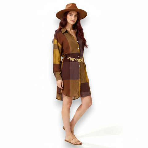 Multicolor Checks Long Sleeve Button Up Shirt Dress/ brown/plus size XL