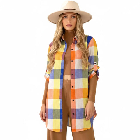 Multicolor Checks Long Sleeve Button Up Shirt Dress layering/ women's/ 1X