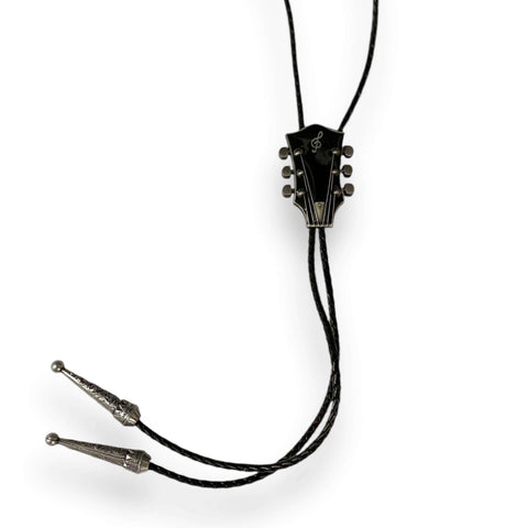 Country Music Guitar Leather Bolo necktie with adjustable slider and braided faux leather rope in black silver, red gold, or blue gold