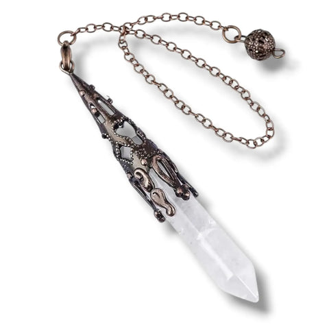 Natural crystal pendulum pointed gemstone, ornate antique bronze holder and matching chain / clear quartz hex stone