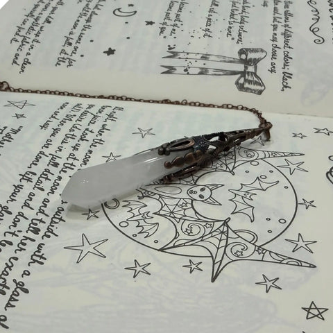 Natural crystal pendulum pointed gemstone, ornate antique bronze holder and matching chain / clear quartz hex stone