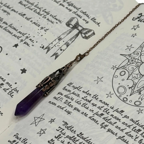 Natural crystal pendulum pointed gemstone, ornate antique bronze holder and matching chain / purple amethyst crystal / hex stone
