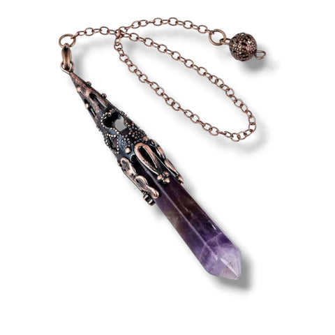 Natural crystal pendulum pointed gemstone, ornate antique bronze holder and matching chain / purple amethyst crystal / hex stone