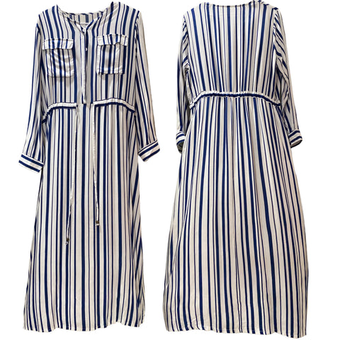 Nautical Summer Vibes, Navy White Striped Maxi Kaftan Beach Dress for Effortless Style -L/ XL - Wild Time Fashion