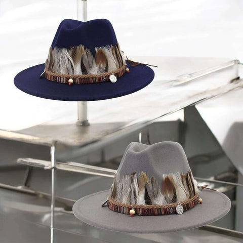 Festival Feather Fedora Hat with Tribal Beaded Band and Feathers in Gray or Navy Blue – Large XL Boho Western Style