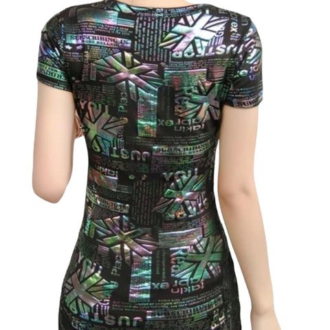 V Neck Short Sleeve Holographic Shirt - Wild Time Fashion