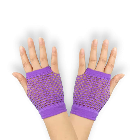 Party Neon Short Mesh Gloves fishnet purple wrist coverage