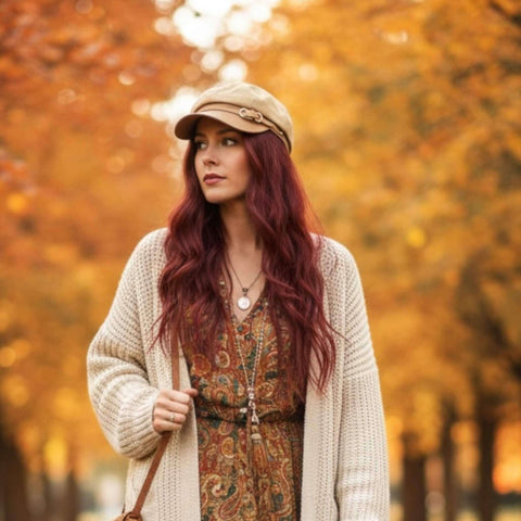 Women's Brown Two Tone Newsboy Hat faux leather stiff brim, band, gold hardware with khaki tan cotton top