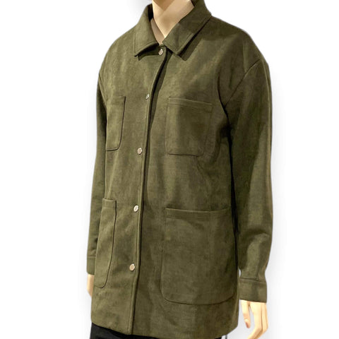 Olive Green Suede Mid Length Utility Jacket - Wild Time Fashion
