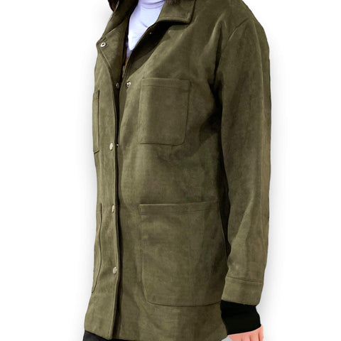 Olive Green Suede Mid Length Utility Jacket - Wild Time Fashion