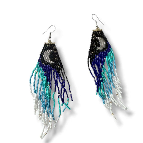 Moon & Stars Beaded Fringe Earrings featuring a crescent moon design and colorful ombré fringe.