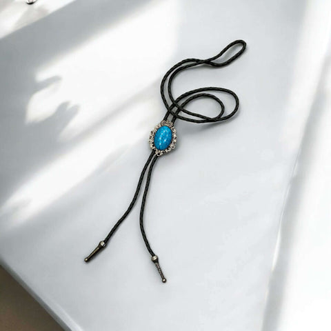 Antique Oval Stone Bolo Ties – Silver, Black Leather Western Turquoise Necktie
