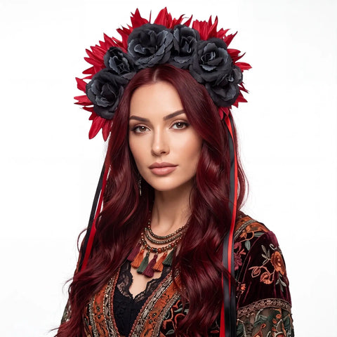 Oversized Red Peonies & Black Rose Floral Crown reversible headband long side ribbons