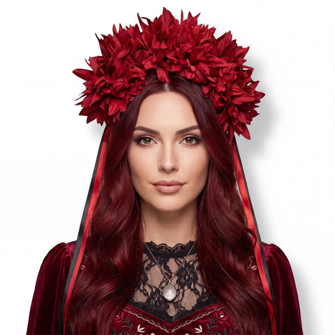 Oversized Red Peonies & Black Rose Floral Crown long ribbons on sides front view reversible  