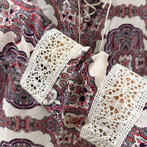 Purple White Paisley Long Sleeve Top Plus size boho paisley top with crochet panel sleeves and relaxed fit
