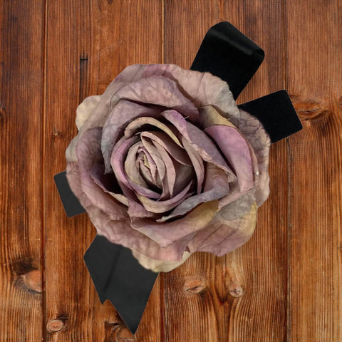 Oversized Floral Pastel Rose Brooch dusty rose hair clip with hand-dyed fabric petals and black grosgrain ribbon, dual lapel pin and alligator clip, 5 by 6 inches, USA made