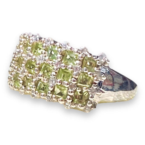  Emerald Cut Arizona Peridot White Round Topaz Sterling Silver Gemstone Cocktail Statement Ring