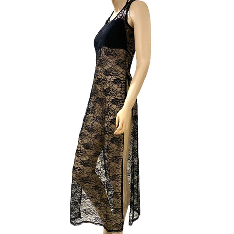 Black Floral Lace Maxi Cover-up Beach Dress - Medium-Wild Time Fashion