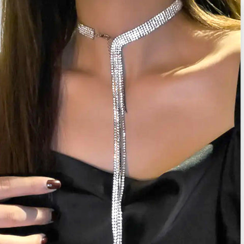 Elegant Glittery Silver Tassel Choker Necklace - One Size