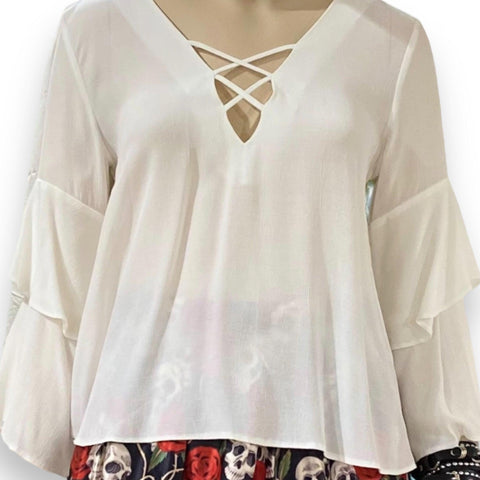 TopShop White Lattice V-Neck Ruffled Long Flowing Sleeves Wrap Back Blouse - Small