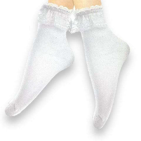 Women's White Lace Topper Tall Ankle Socks - One Size - Wild Time Fashion