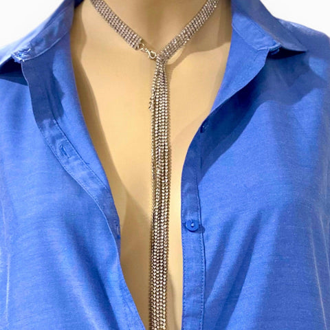 Women's Silver White Glittery Choker Tassel Necklace- One Size