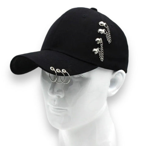 Black Baseball Hat with Silver Chain Rivets and O Rings- Wild Time Fashion