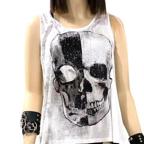 Women's White Skull Black Mesh Panel Tank Top - XL - Wild Time Fashion