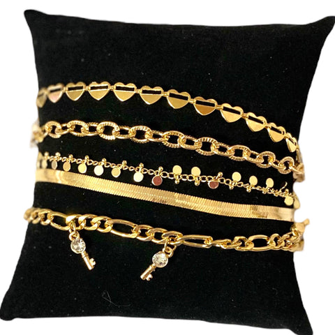 Adorn Your Ankles with Enchanting Gold-Toned Anklet Sets Keys to My Heart Set of 5 - One Size 7-9"