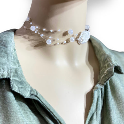 White Rose Pearl Choker Necklace