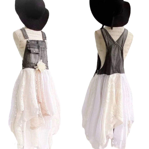 Women's Black Overalls Ivory White Ivory Lace Long Asymmetrical Flowing Dungaree Dress - Large - Wild Time Fashion