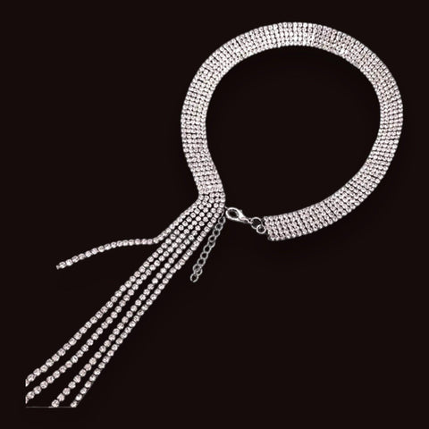 Elegant Glittery Silver Tassel Choker Necklace - One Size