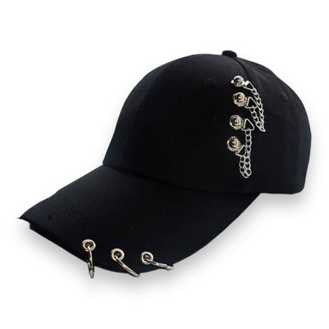 Black Baseball Hat with Silver Chain Rivets and O Rings- Wild Time Fashion