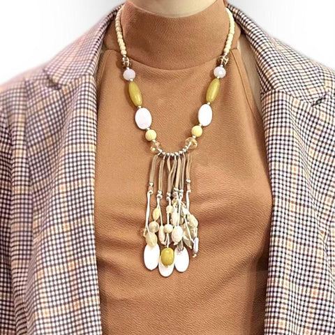 Boho-Chic Stone and Shell Leather Tassel Statement Necklace