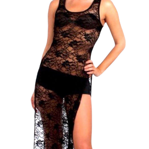 Black Floral Lace Maxi Cover-up Beach Dress - Medium-Wild Time Fashion