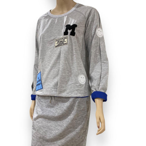 Women's Soft Gray Lightweight Long Sleeve Patches Graphic Sweatshirt - Medium-Wild Time Fashion