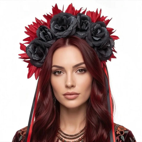 Oversized Red Peonies & Black Rose Floral Crown