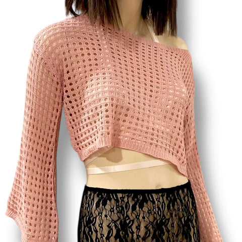 pink Hollow Out Bell Sleeve Knit Crop Top