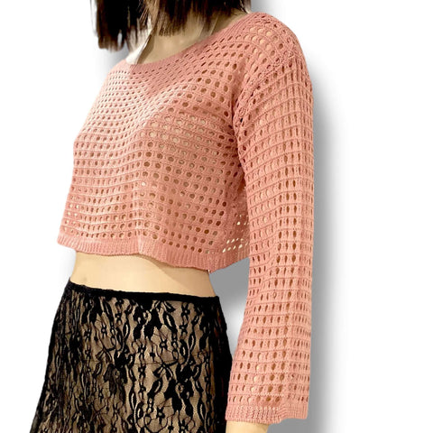 Pink Hollow Out Bell Sleeve Knit Crop Top